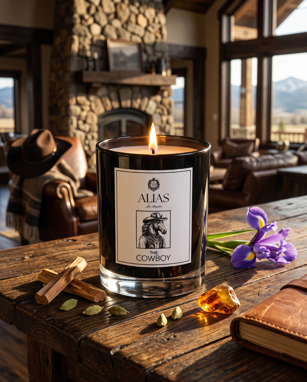 A lit Alias Cowboy scented candle in a clear glass jar sits on a rustic wooden table in a cozy cabin living room. The candle is styled with a wooden hat, a purple iris flower, a crystal, and a leather journal in the background.