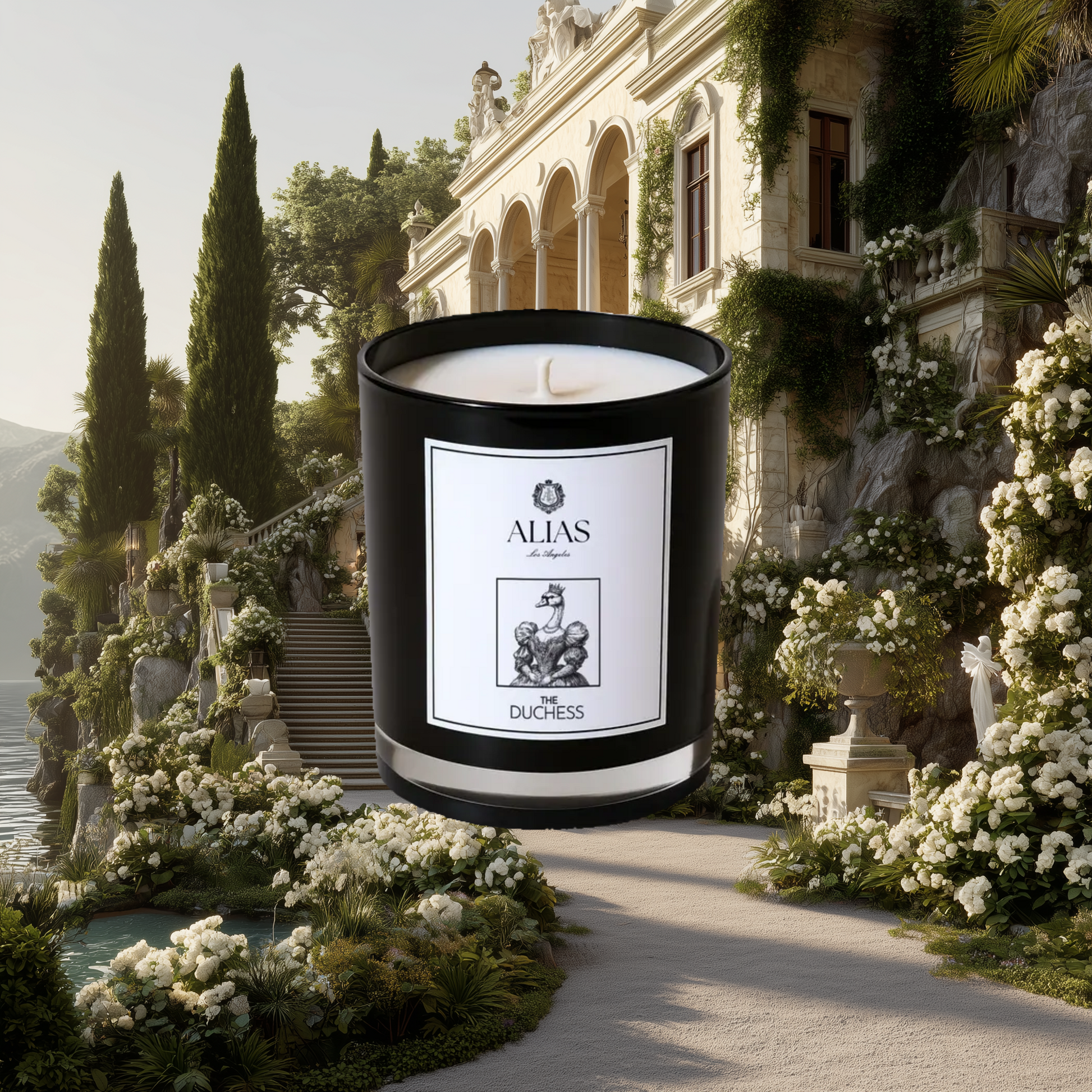 Duchess candle luxury home fragrance by Alias Los Angeles featuring tuberose jasmine and orange blossom inspired by Lake Como villa and regal Italian elegance