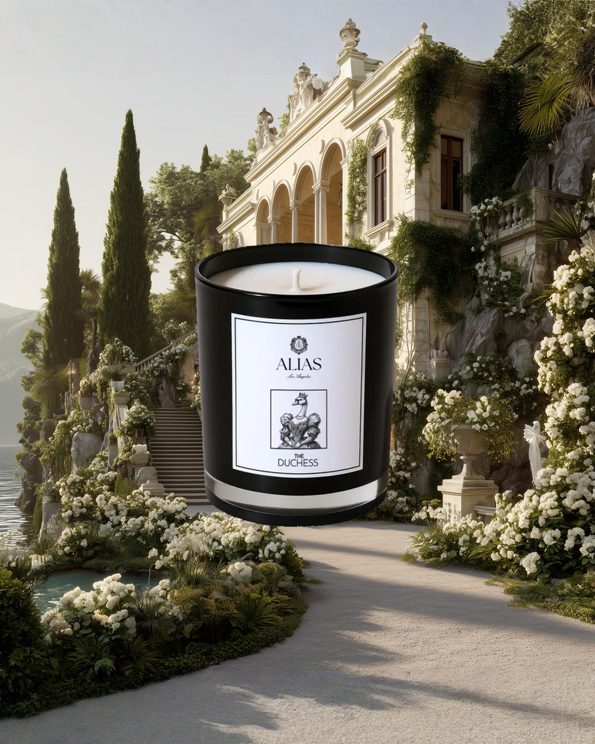 Duchess candle luxury home fragrance by Alias Los Angeles featuring tuberose jasmine and orange blossom inspired by Lake Como villa and regal Italian elegance