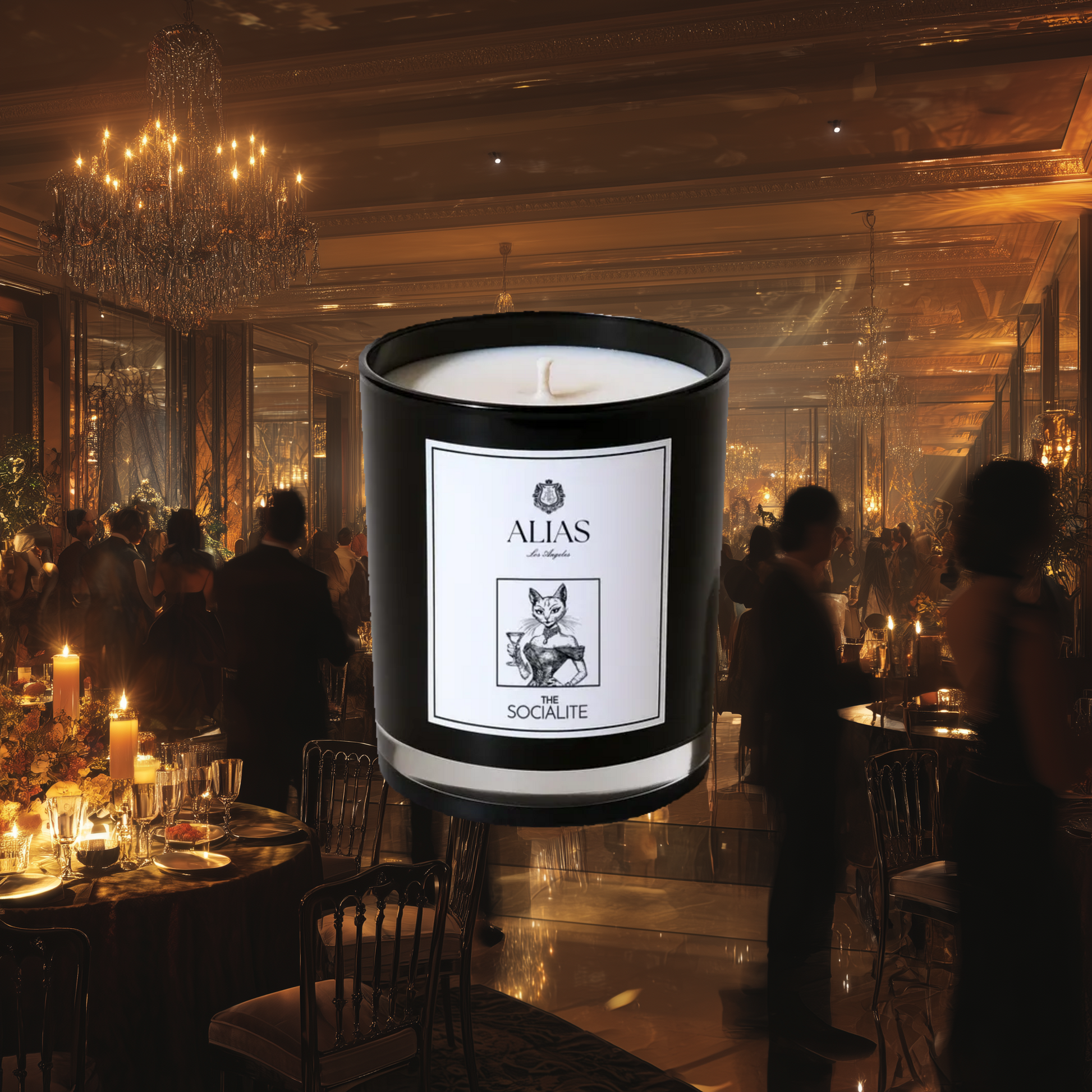 Luxury Socialite candle by Alias Los Angeles with saffron jasmine and warm amber scent evoking red carpet glamour and sophisticated nightlife