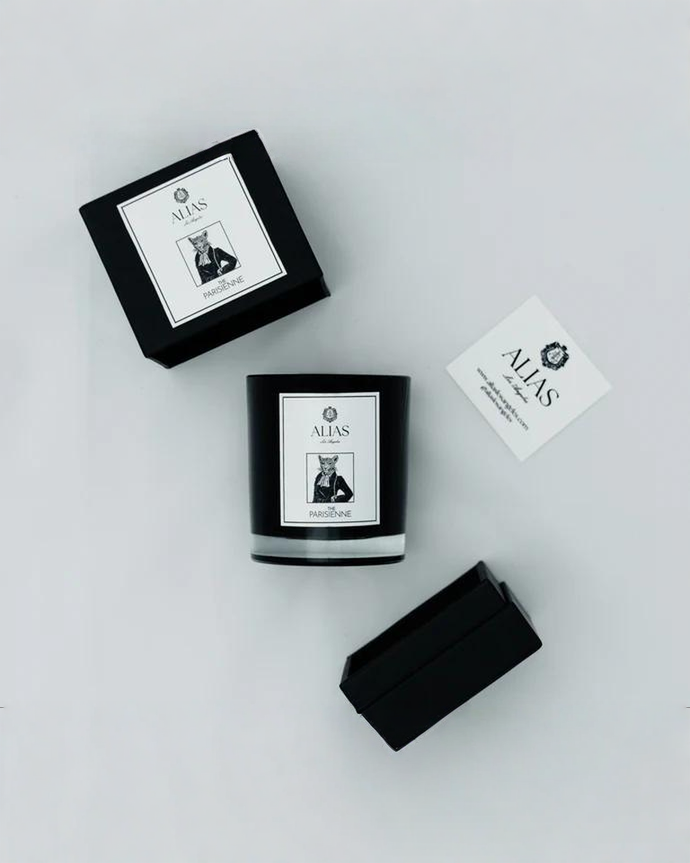 Luxury rose and black currant Parisienne candle by Alias Los Angeles in a chic glass jar