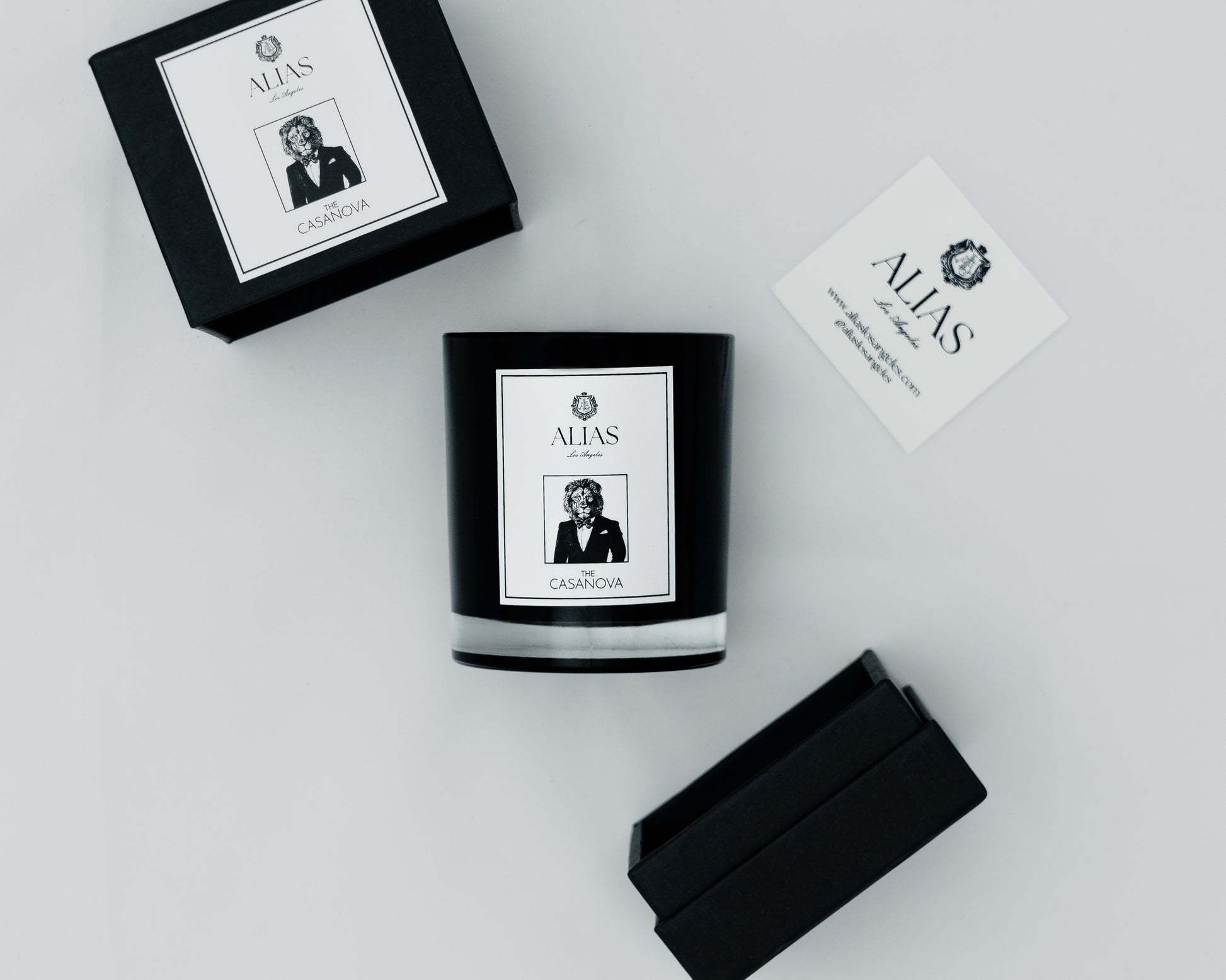 The Casanova by Alias Los Angeles – a luxury candle handcrafted with notes of vanilla, patchouli, and pear. Seductive, warm, and unforgettable.