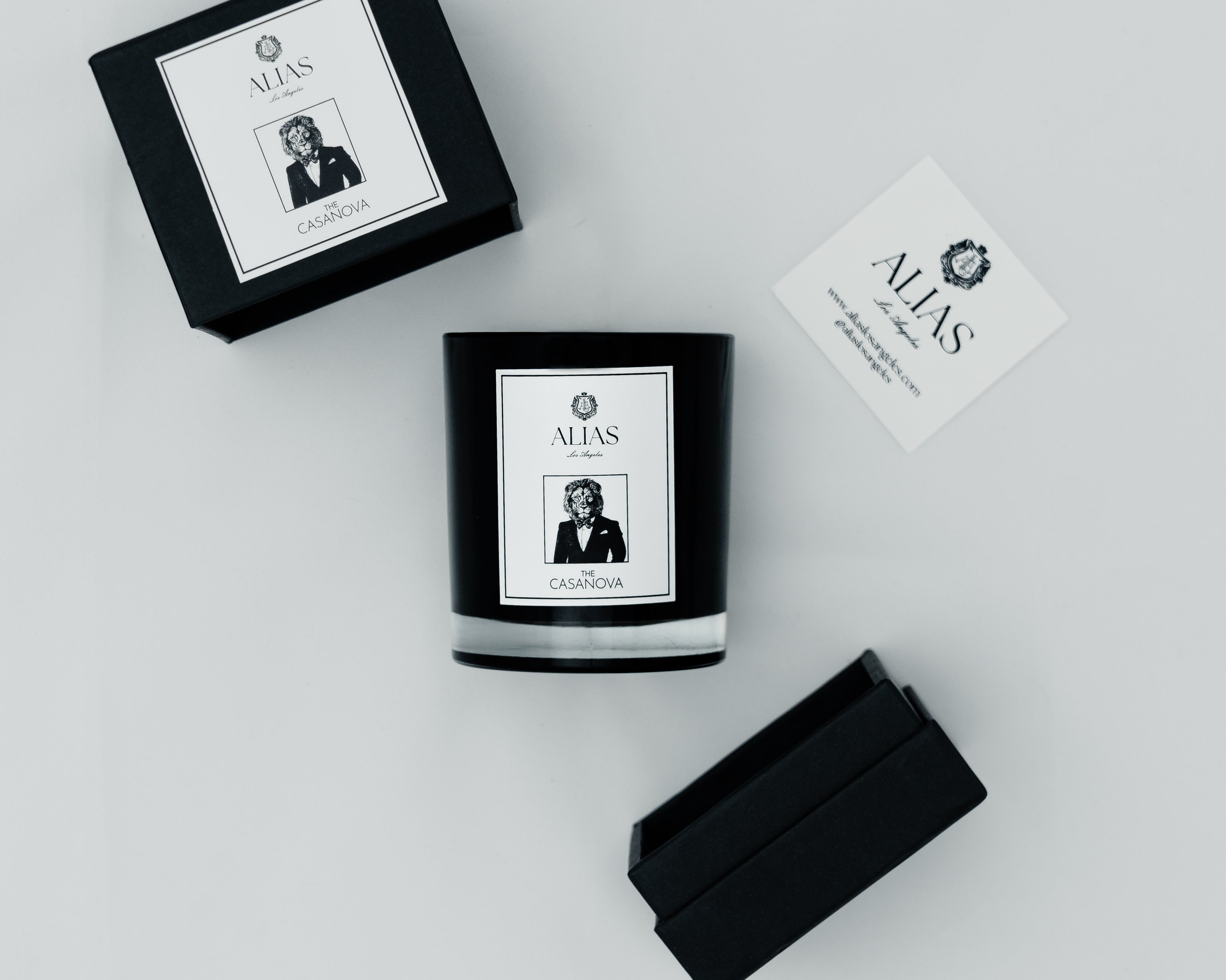 The Casanova by Alias Los Angeles – a luxury candle handcrafted with notes of vanilla, patchouli, and pear. Seductive, warm, and unforgettable.