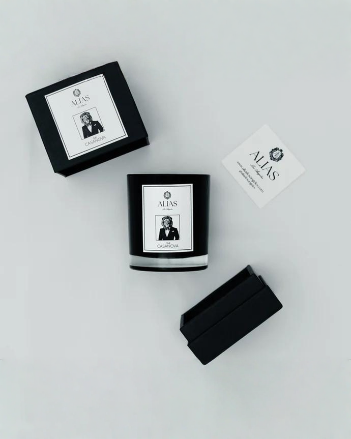 The Casanova candle by Alias Los Angeles showcasing a sensual fragrance of patchouli vanilla and pear with a romantic seductive luxury home scent profile_scented