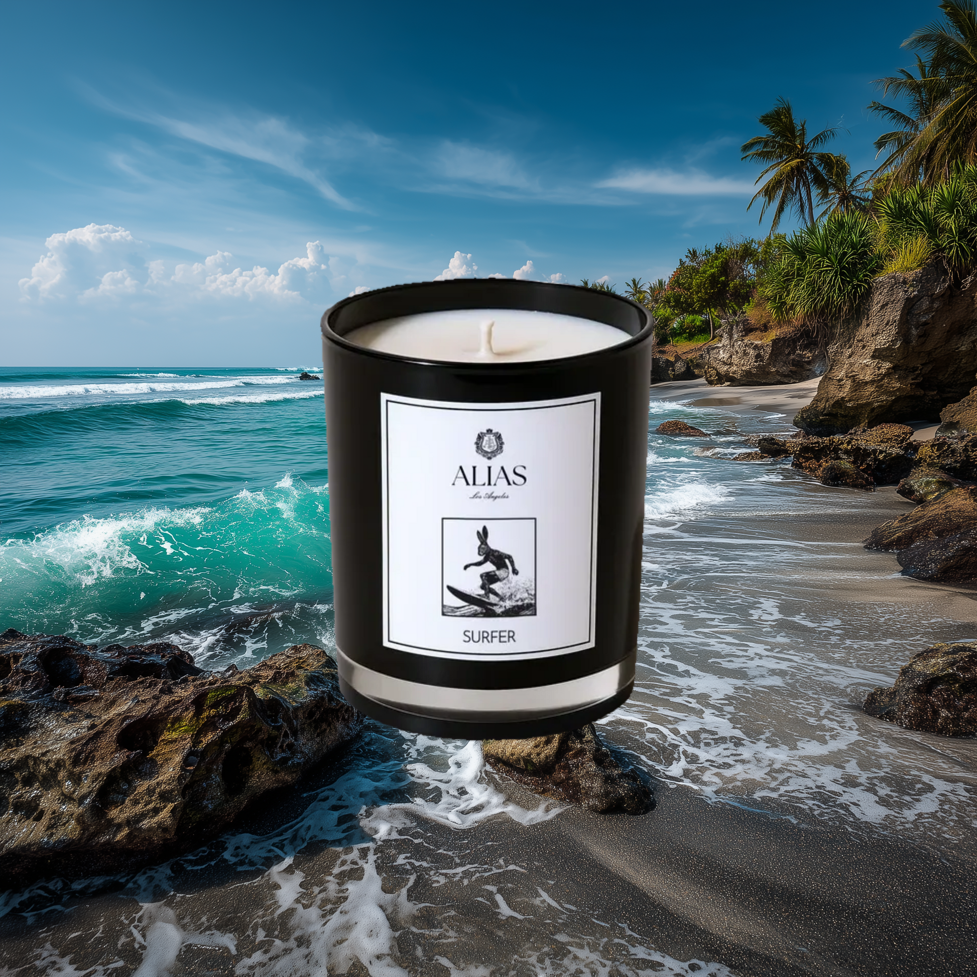 Surfer candle luxury home fragrance by Alias Los Angeles featuring ylang ylang sea spray birchwood and koa wood evoking sun kissed ocean shores
