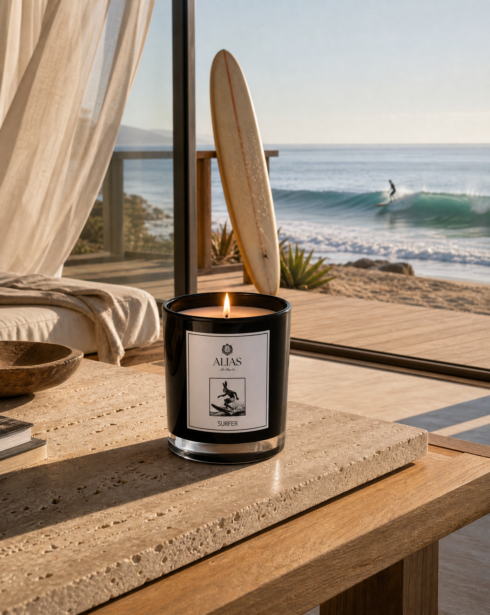 Surfer candle luxury home fragrance by Alias Los Angeles featuring ylang ylang sea spray birchwood and koa wood evoking sun kissed ocean shores