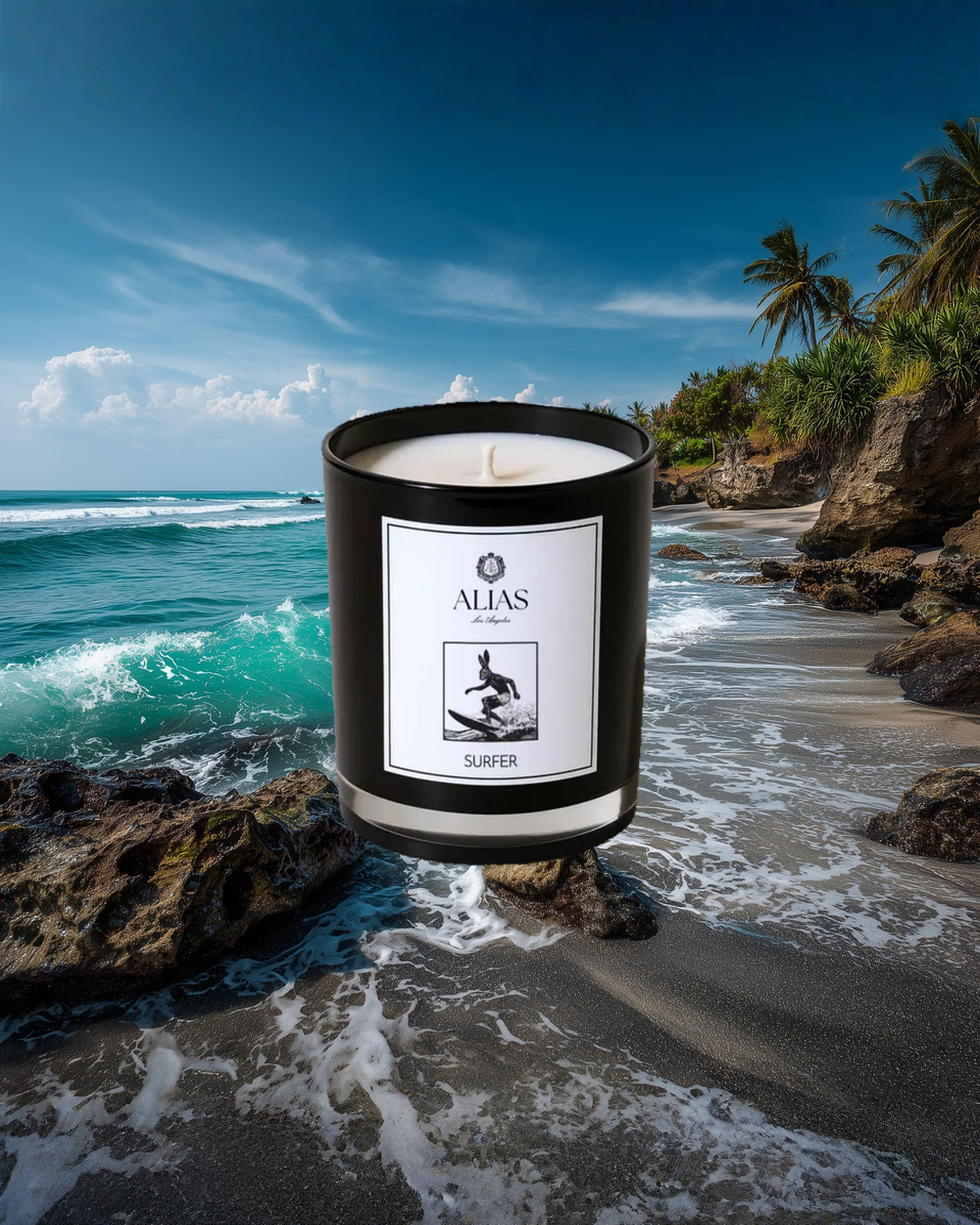 Surfer candle luxury home fragrance by Alias Los Angeles featuring ylang ylang sea spray birchwood and koa wood evoking sun kissed ocean shores