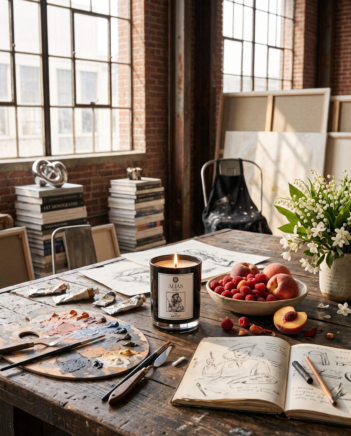 A lit candle in a dark glass jar with a black label sits on a rustic wooden table in a painter's studio. The table is covered with paintbrushes, a paint palette, sketches, a bowl of fruit, and a vase of white flowers.