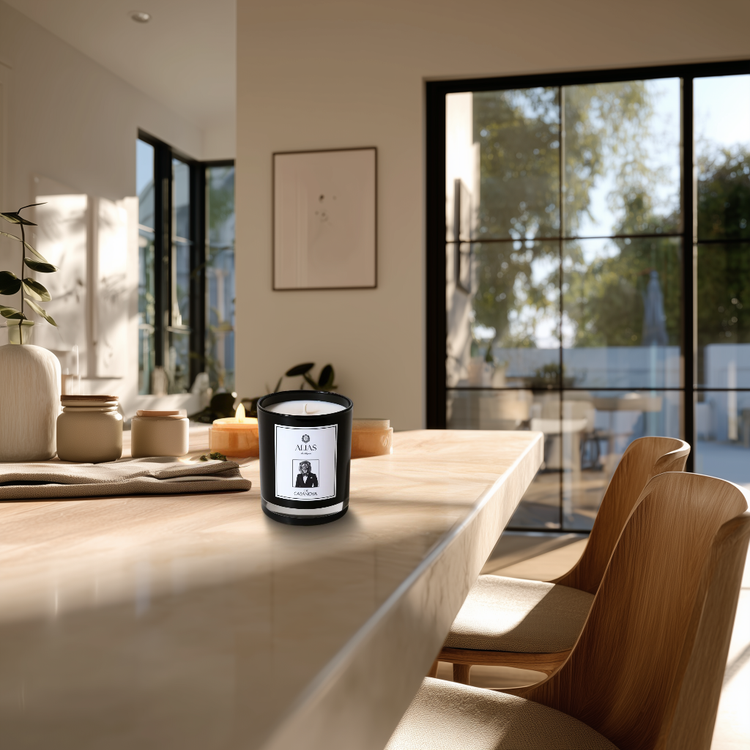 Candle with a label on a dining table in a bright room with large windows.