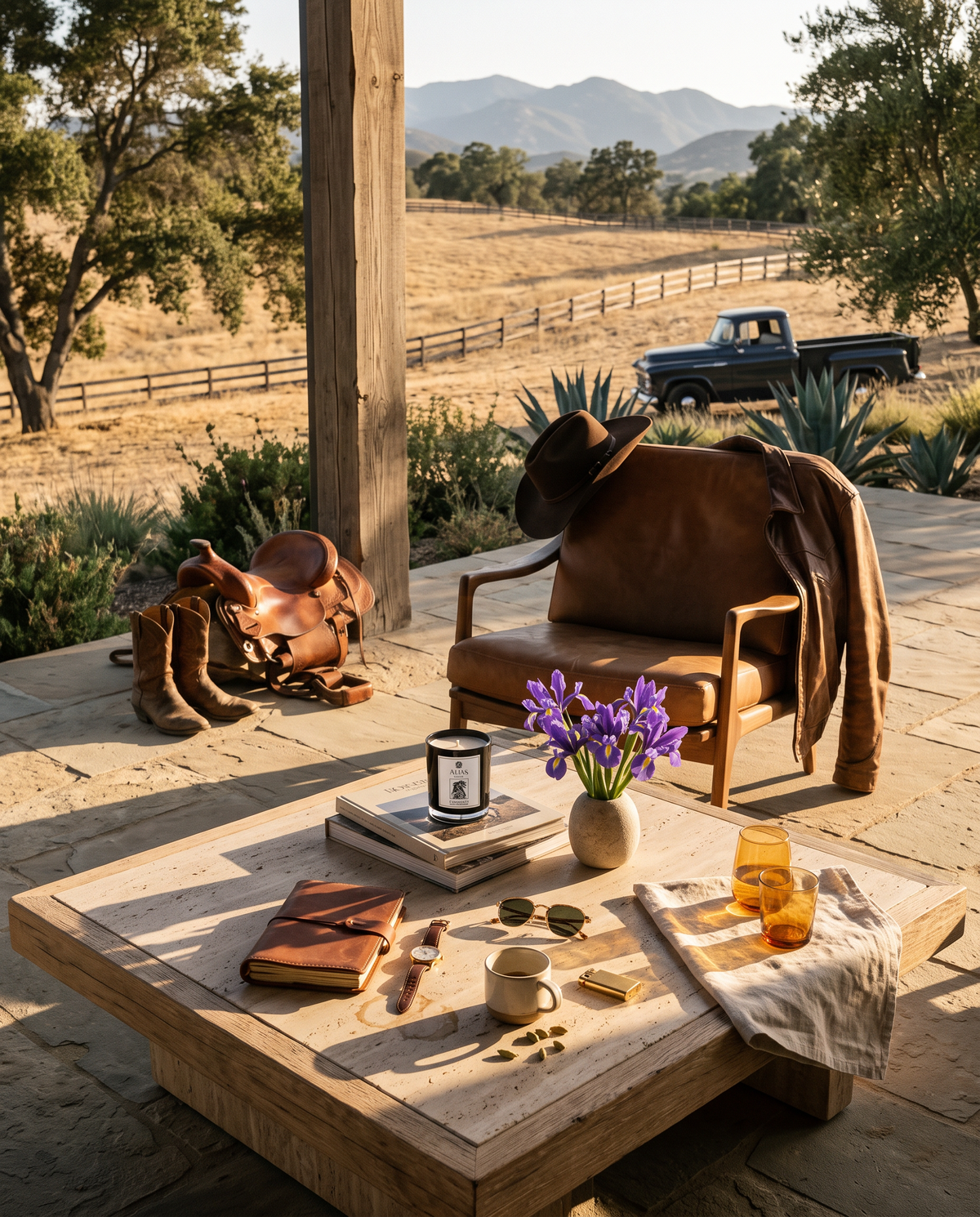 A rustic outdoor patio scene with a wooden armchair draped in a brown jacket, a leather saddle beside it, and a low wooden coffee table holding books, a candle, sunglasses, a cup, and a folded cloth. A hat rests on the chair, and the background shows a dry field, mountains, trees, and a vintage pickup truck.