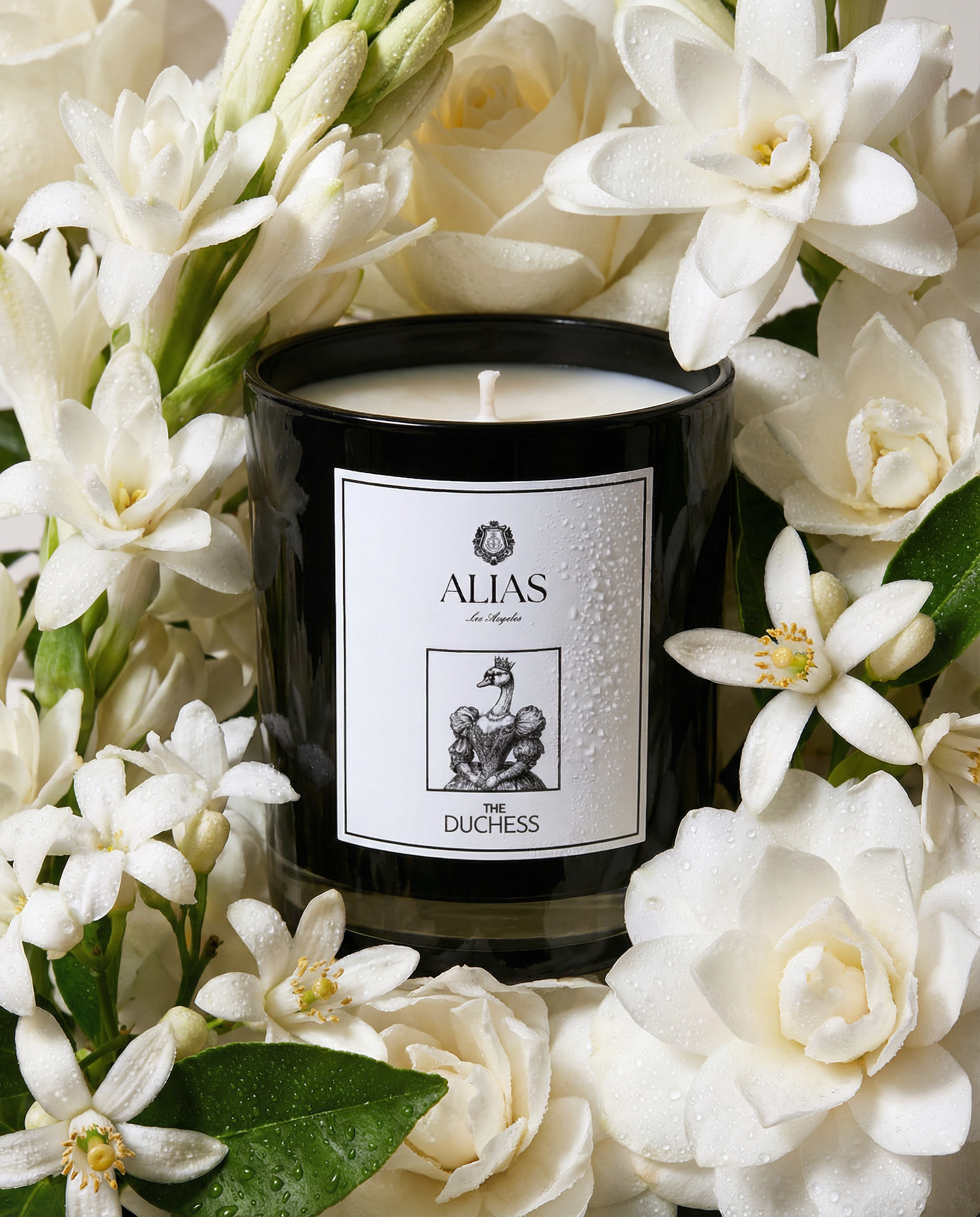 The Duchess luxury candle by Alias Los Angeles featuring tuberose jasmine and orange blossom inspired by Lake Como villa and Italian coastal elegance