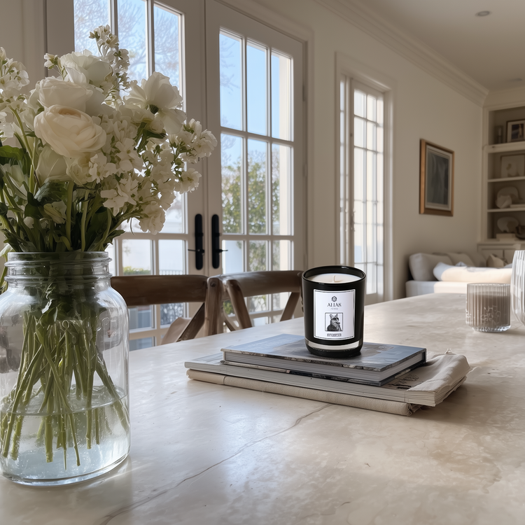 Candle with a label on a table next to a vase of white flowers in a bright room.