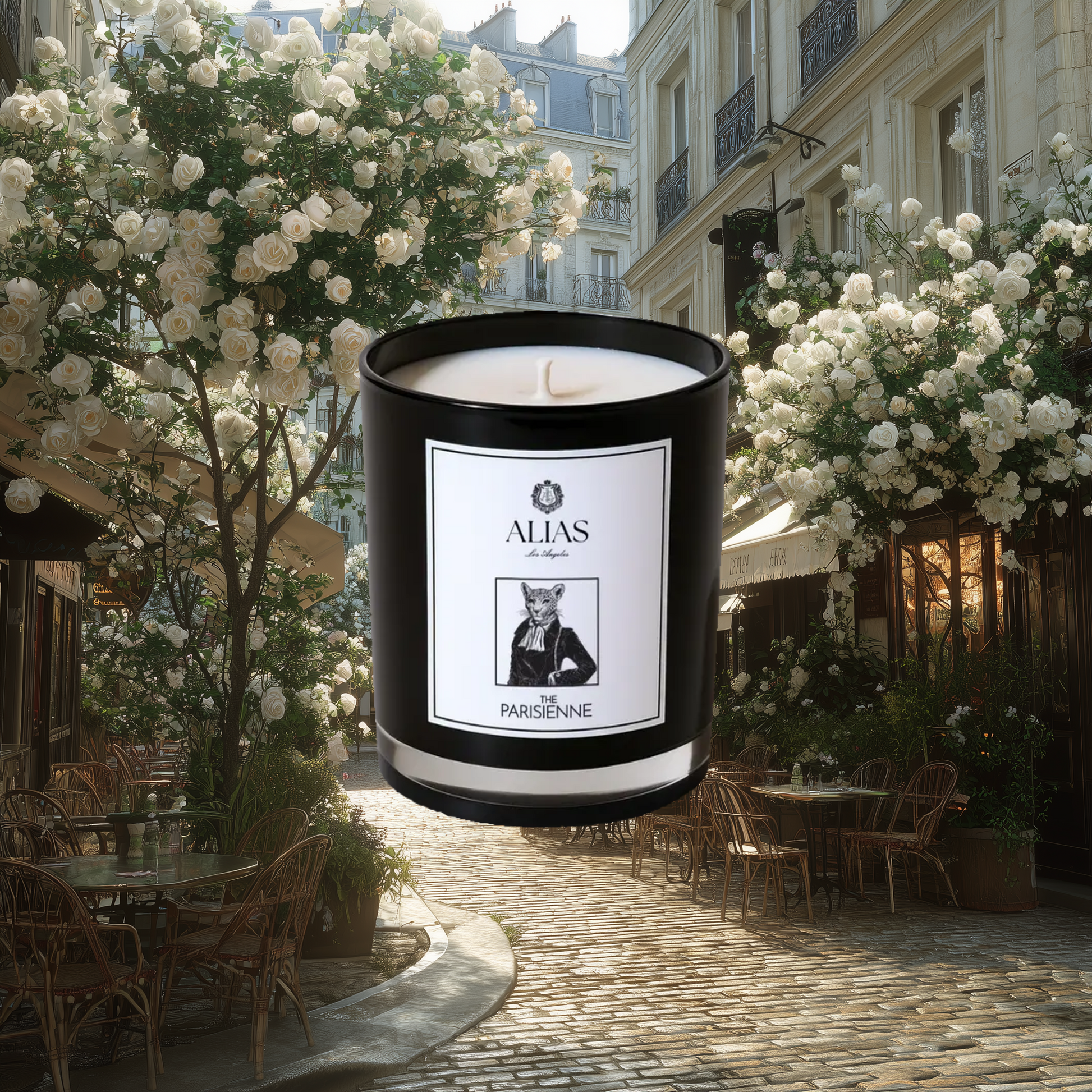 Elegant Parisienne luxury candle by Alias Los Angeles with floral rose and sweet black currant berries inspired by summer in Paris and Tuileries Gardens