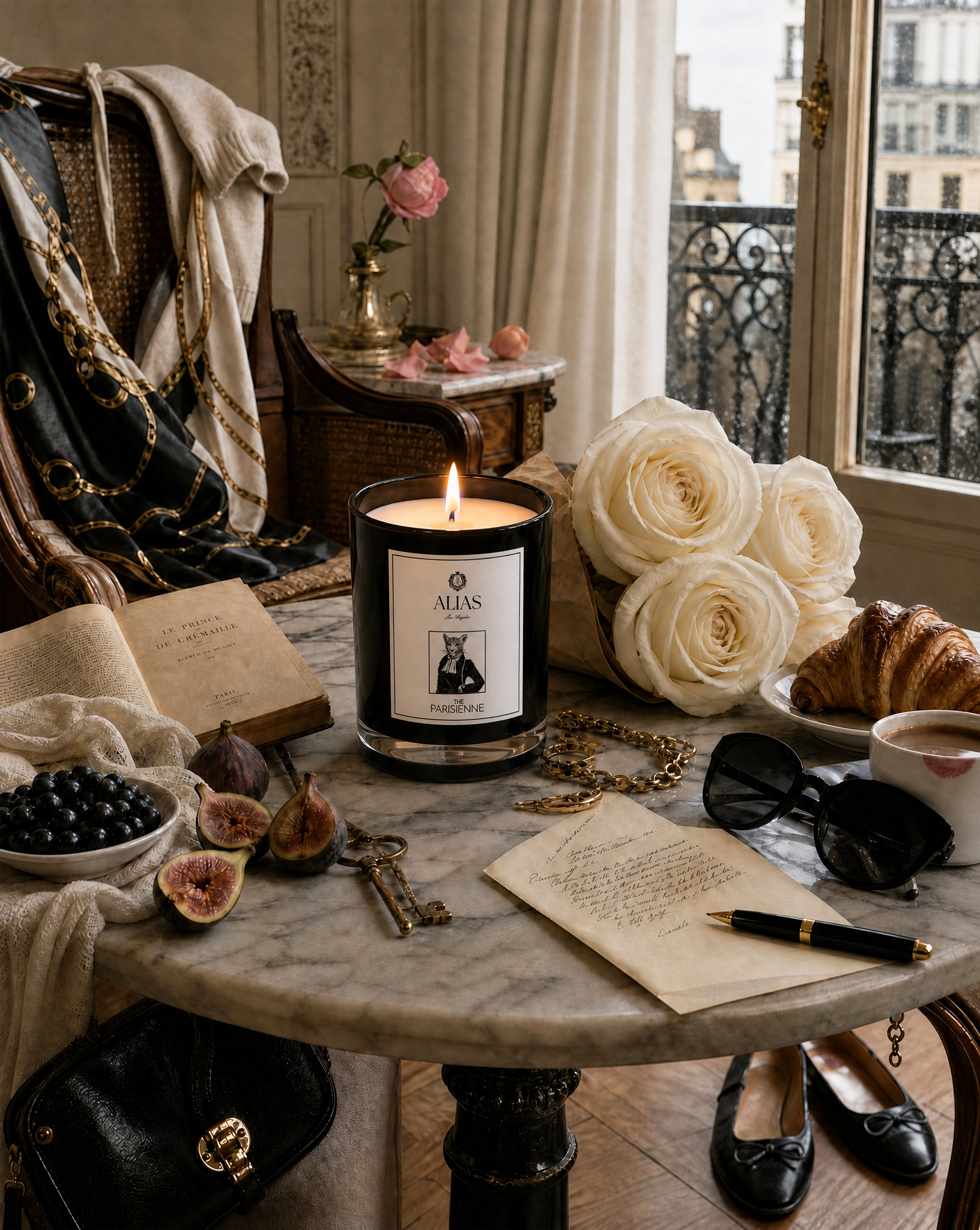 Elegant Parisienne luxury candle by Alias Los Angeles with floral rose and sweet black currant berries inspired by summer in Paris and Tuileries Gardens