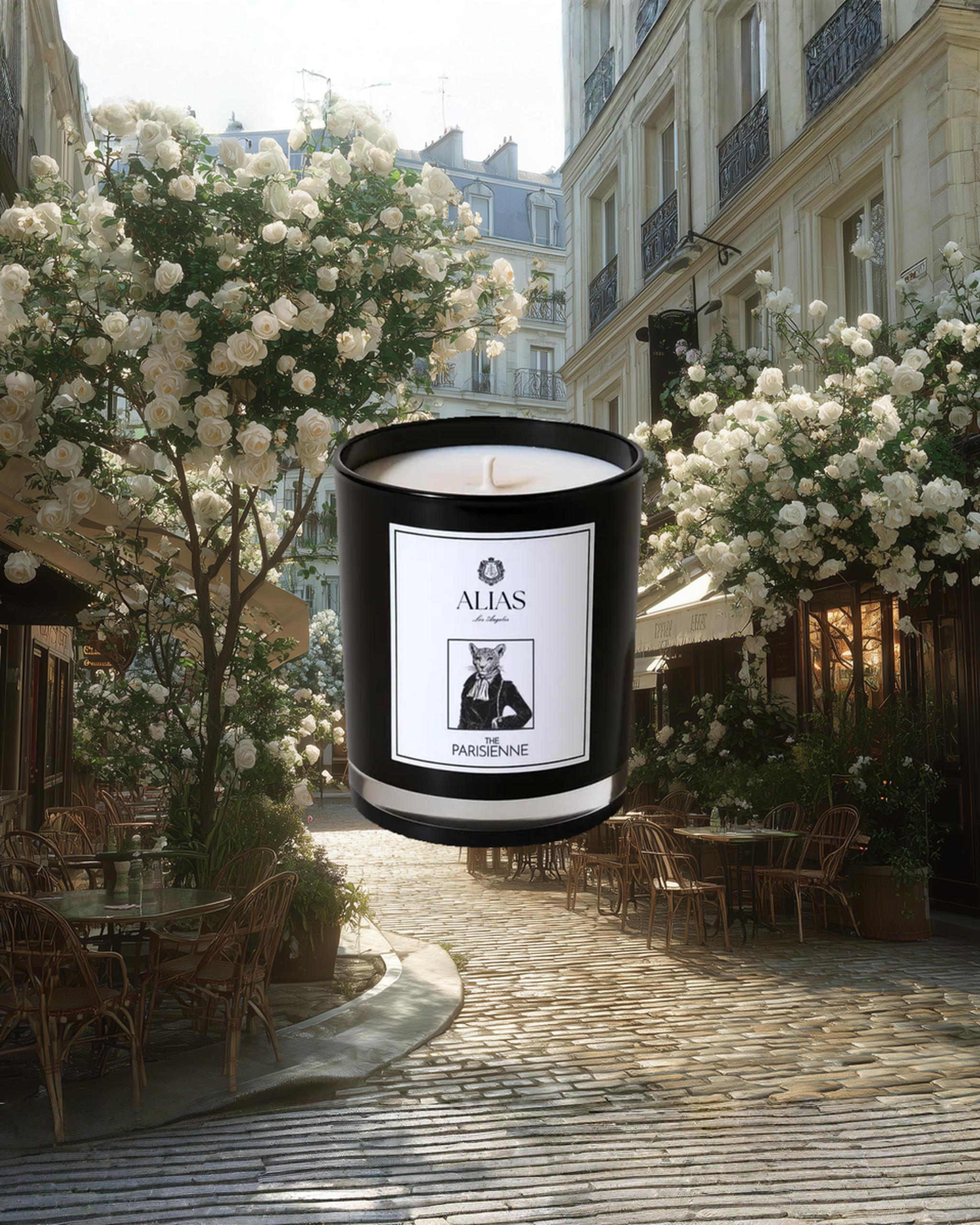 Elegant Parisienne luxury candle by Alias Los Angeles with floral rose and sweet black currant berries inspired by summer in Paris and Tuileries Gardens