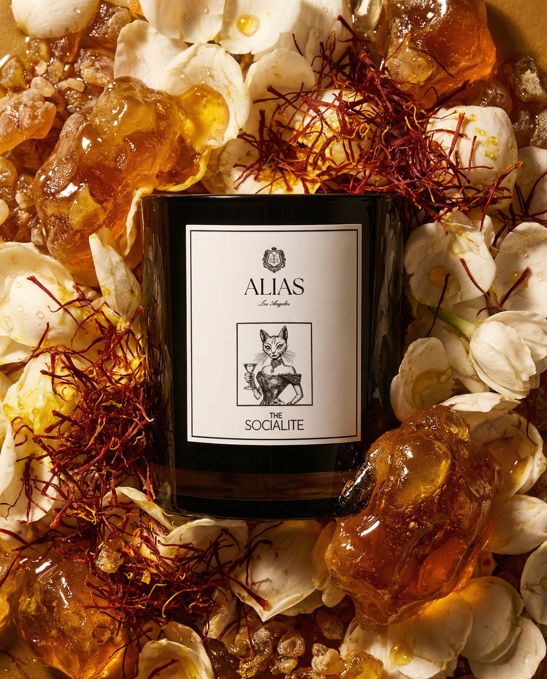 The Socialite luxury candle by Alias Los Angeles featuring saffron jasmine and amber fragrance inspired by glamorous soirées and high society elegance