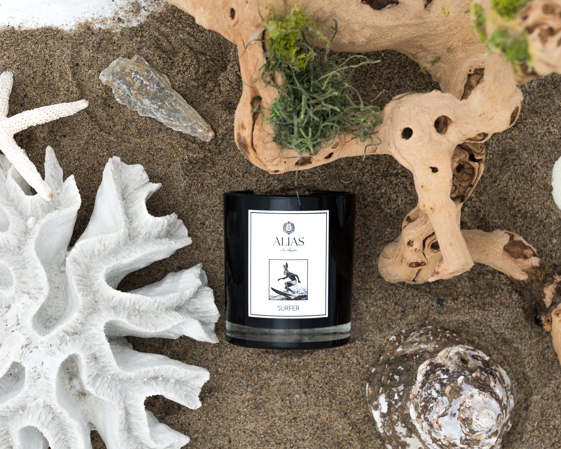 The Surfer candle by Alias Los Angeles captured in a serene, coastal-inspired setting.  Infused with notes of Sea Spray, Koa Wood, and Ylang Ylang, it evokes the feeling of fresh ocean air drifting through a beachfront hideaway.