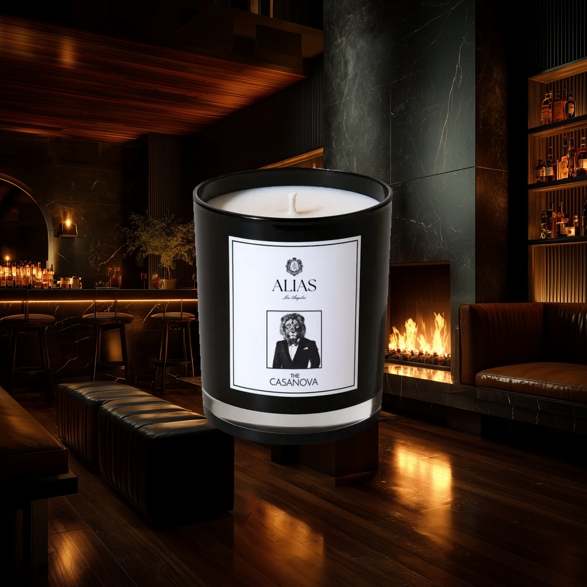 Candle with a label in a dimly lit room with a fireplace and bar.