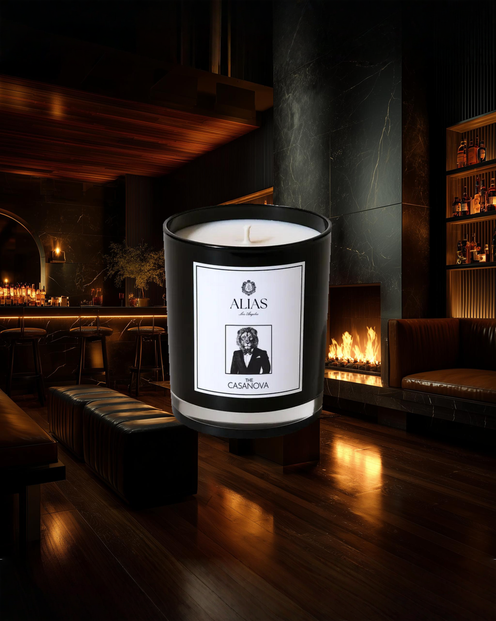 Elegant Casanova luxury candle by Alias Los Angeles with warm patchouli vanilla and fresh pear notes made with clean coconut wax for refined home fragrance