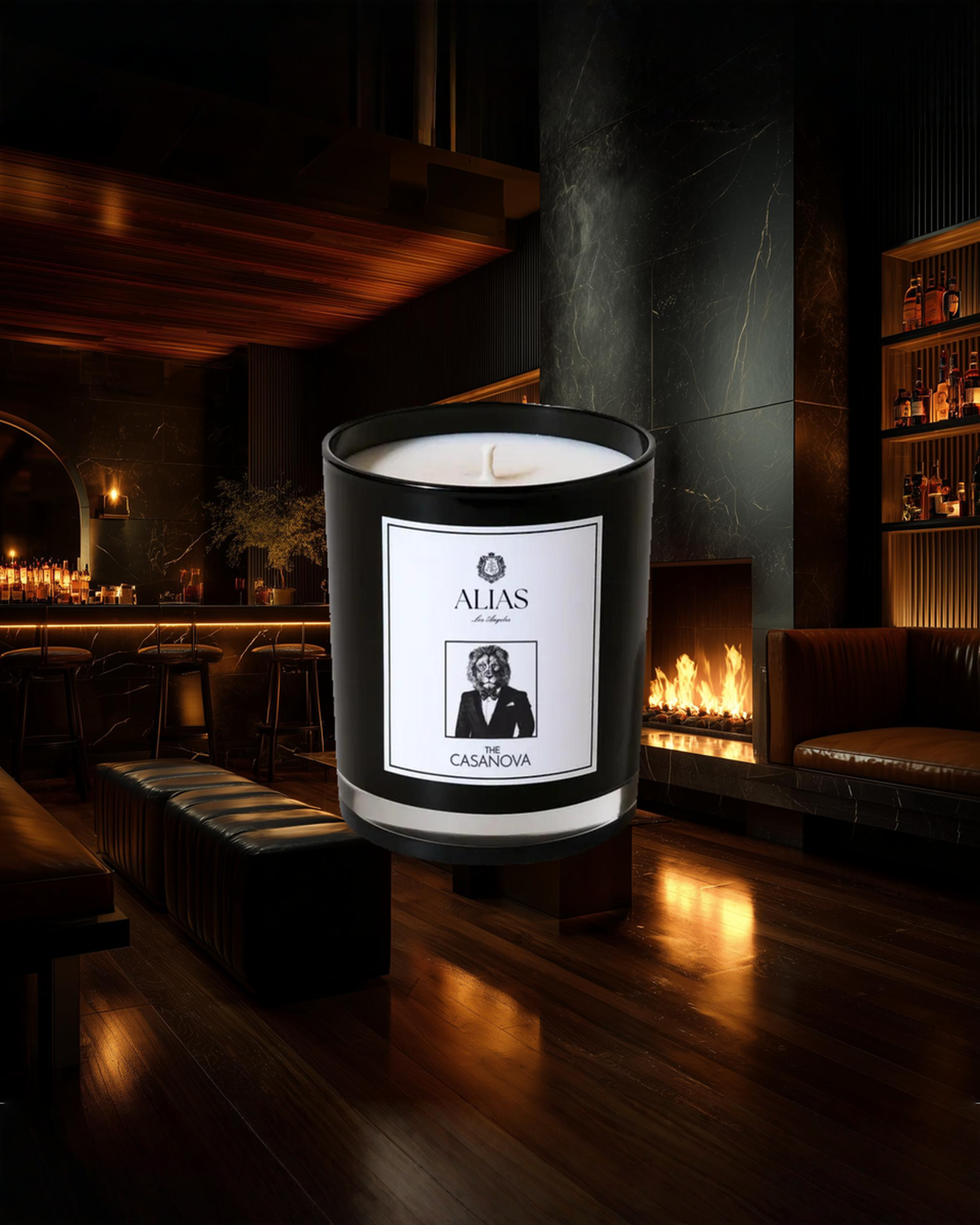 Elegant Casanova luxury candle by Alias Los Angeles with warm patchouli vanilla and fresh pear notes made with clean coconut wax for refined home fragrance