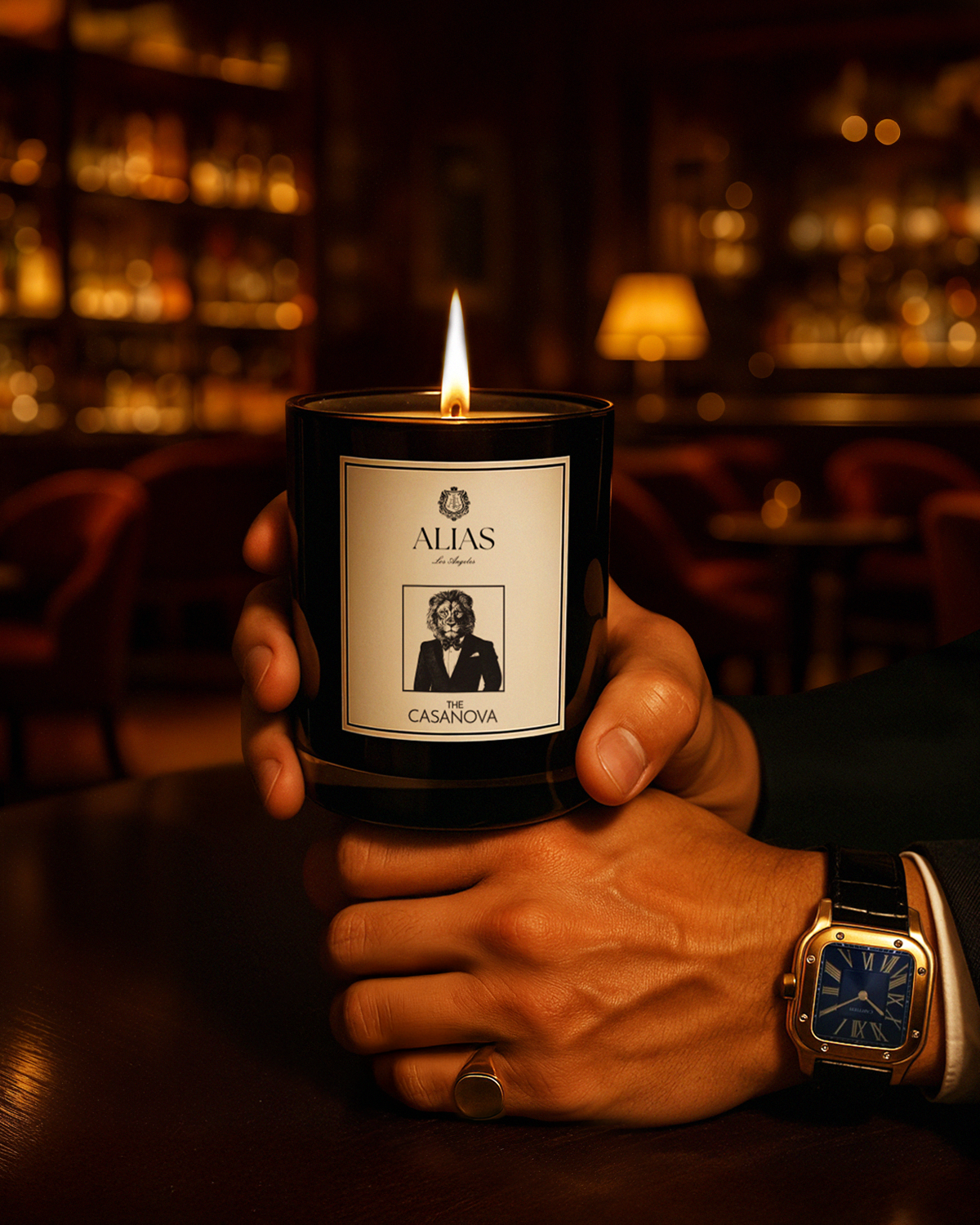 The Casanova luxury scented candle by Alias Los Angeles – glossy black jar filled with a seductive blend of vanilla, patchouli, and pear; perfect for romantic nights, gifting, or elevated home décor.